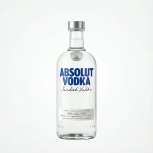 Bouteille en verre transparent d'ABSOLUT VODKA NR 75 cl, vue de face, avec son texte bleu distinctif et bouchon argenté.
