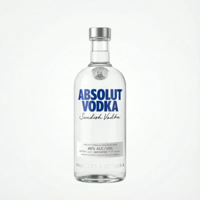 Bouteille en verre transparent d'ABSOLUT VODKA NR 75 cl, vue de face, avec son texte bleu distinctif et bouchon argenté.