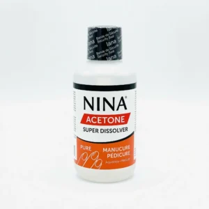 Vue de face du flacon transparent d'acétone pure Nina 500 ml, bouchon coloré et étiquette claire pour cosmétique.