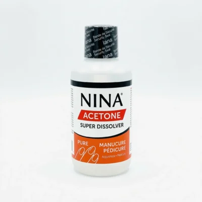 Vue de face du flacon transparent d'acétone pure Nina 500 ml, bouchon coloré et étiquette claire pour cosmétique.