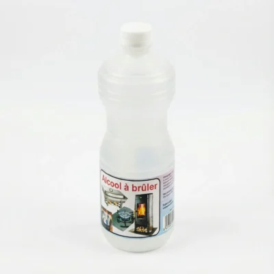 Vue de dessus de la bouteille d'ALCOOL A BRULER CLEAN SERVICES 1l en plastique translucide avec son bouchon à vis blanc.