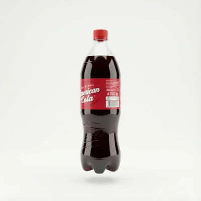 Vue de latérale de la bouteille en plastique d'AMERICAN COLA 125CL, avec son étiquette et son bouchon rouges sur fond blanc.