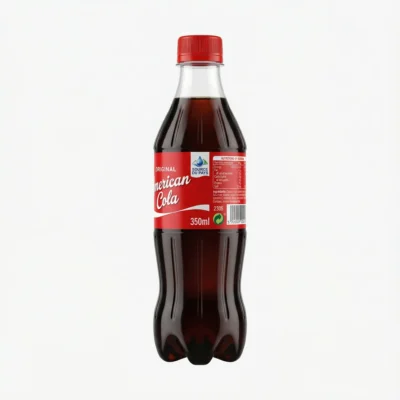 Vue latérale de la bouteille en plastique d'AMERICAN COLA 35 cl, avec son étiquette et son bouchon vissant rouges.
