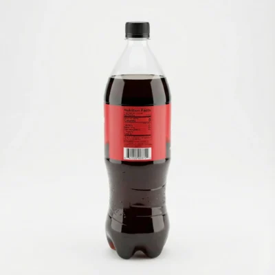 Vue de arrière de la bouteille en plastique AMERICAN COLA ZERO 125CL avec son étiquette nutritionnelle rouge et noire.