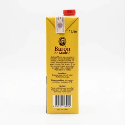 Vue de arrière de la brique en carton jaune BARON DE MADRID 1 l, affichant la liste des ingrédients et le code-barres.