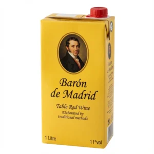 Vue de face du vin rouge BARON DE MADRID 1 l dans sa brique en carton jaune à bouchon rouge.