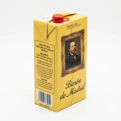 Vue latérale de la brique en carton jaune du vin rouge BARON DE MADRID 1 l, avec son bouchon rouge et un portrait d'époque.