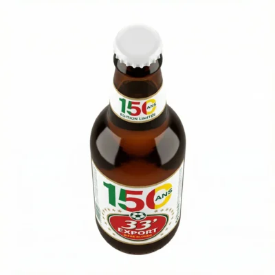 Vue de dessus de la BIERE EN BOUTEILLE 33 EXPORT 65CL en verre brun, avec son étiquette spéciale édition limitée "150 ans".