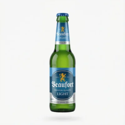 Vue de face de la BIERE EN BOUTEILLE BEAUFORT LIGHT 65CL, une bouteille en verre vert avec une étiquette bleue et argentée.