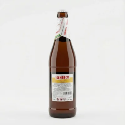 Vue arrière de la BIERE EN BOUTEILLE ISENBECK 65CL, montrant son contenant en verre brun et son étiquette blanche et jaune.