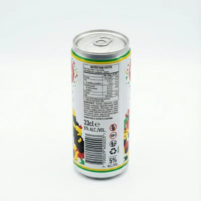 Vue arrière de la bière en canette 33 Export 33 cl, montrant les infos nutritionnelles sur la canette en aluminium blanc.