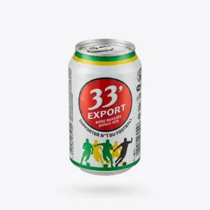 Vue de face de la BIERE EN CANETTE 33 EXPORT 33 cl, en aluminium argenté avec son logo rouge et ses bandes verte et jaune.