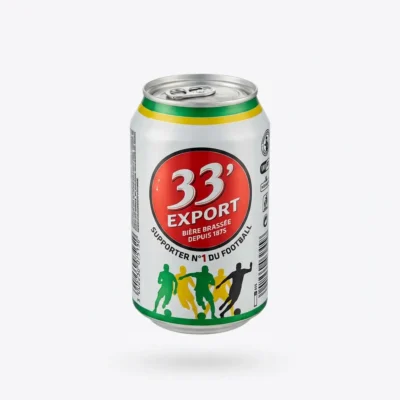 Vue de face de la BIERE EN CANETTE 33 EXPORT 33 cl, en aluminium argenté avec son logo rouge et ses bandes verte et jaune.