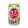 Vue latérale de la BIERE EN CANETTE 33 EXPORT 33 cl, avec son logo rouge et blanc et un design camouflage multicolore.