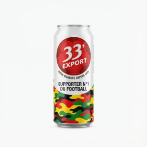 Vue de face de la BIERE EN CANETTE 33 EXPORT 50 cl, canette aluminium blanche avec un motif camouflage rouge, jaune et vert.