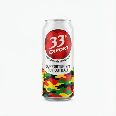 Vue de face de la BIERE EN CANETTE 33 EXPORT 50 cl, canette aluminium blanche avec un motif camouflage rouge, jaune et vert.