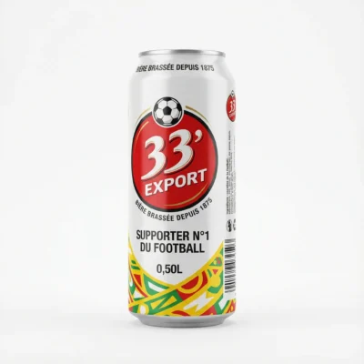 Vue de latérale de la BIERE EN CANETTE 33 EXPORT 50 cl, cylindrique en aluminium blanc, rouge, jaune et vert.