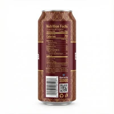 Vue arrière de la bière en canette Bavaria Original 50 cl, en aluminium marron et or, avec son tableau nutritionnel visible.