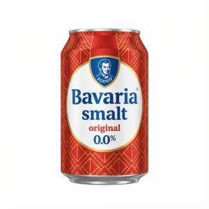 Vue de face de la BIERE EN CANETTE BAVARIA ORIGINAL 50 cl, une canette en aluminium rouge et or avec une étiquette blanche et bleue.