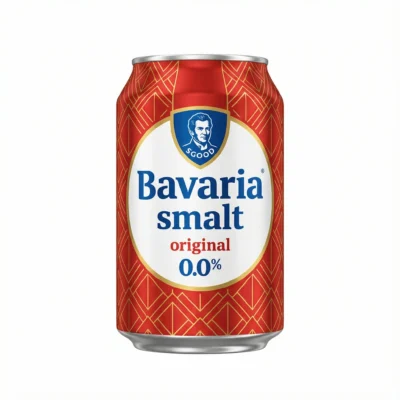 Vue de face de la BIERE EN CANETTE BAVARIA ORIGINAL 50 cl, une canette en aluminium rouge et or avec une étiquette blanche et bleue.