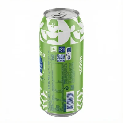 Vue de arrière de la BIERE EN CANETTE BAVARIA POMME 50CL en aluminium, avec un design vert et blanc à motifs de pommes.