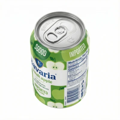 Vue de dessus de la BIERE EN CANETTE BAVARIA POMME 50CL, une canette en aluminium verte et argentée avec des dessins de pommes.