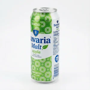 Bière en canette Bavaria Pomme 50cl en vue de face, une canette cylindrique en aluminium verte, blanche et argentée.