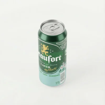 Vue de dessus de la BIERE EN CANETTE BEAUFORT LAGER 50CL, canette en aluminium bicolore verte et bleu clair au design épuré.