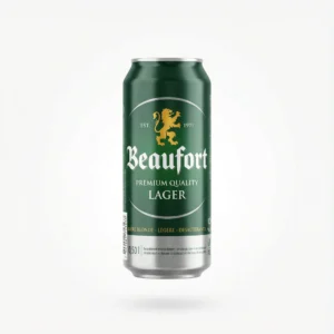 Vue de face de la BIERE EN CANETTE BEAUFORT LAGER 50CL, une canette en aluminium verte et argentée avec un lion doré.