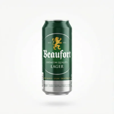 Vue de face de la BIERE EN CANETTE BEAUFORT LAGER 50CL, une canette en aluminium verte et argentée avec un lion doré.