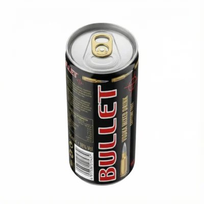 Vue de dessus de la BIERE EN CANETTE BULLET 250ML, une canette en aluminium noire et rouge avec une languette dorée.