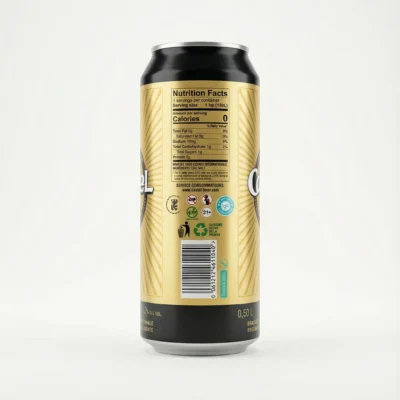 Vue de arrière de la bière en canette Castel 50cl, montrant les informations nutritionnelles sur son étiquette dorée et noire.