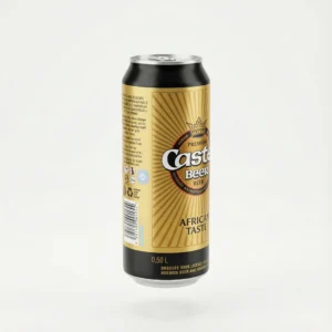 Vue de face de la BIERE EN CANETTE CASTEL 50CL, une canette en aluminium aux couleurs dominantes or et noir.
