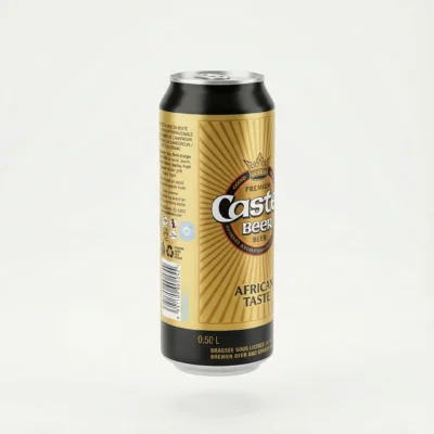 Vue de face de la BIERE EN CANETTE CASTEL 50CL, une canette en aluminium aux couleurs dominantes or et noir.