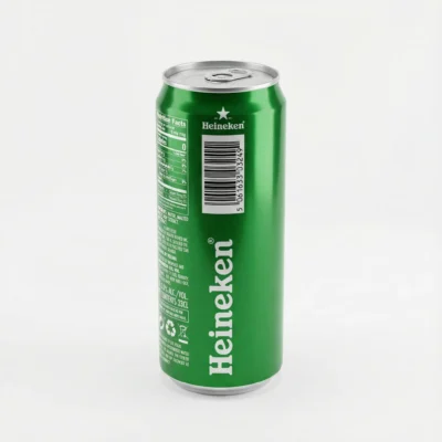 Vue de arrière d'une bière en canette Heineken 33 cl en aluminium vert, montrant le code-barres et les informations du produit.