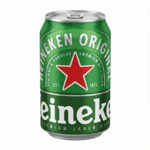 Vue de face de la BIERE EN CANETTE HEINEKEN 33 cl, verte en aluminium avec son étoile rouge et son logo blanc.