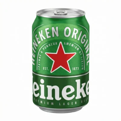 Vue de face de la BIERE EN CANETTE HEINEKEN 33 cl, verte en aluminium avec son étoile rouge et son logo blanc.
