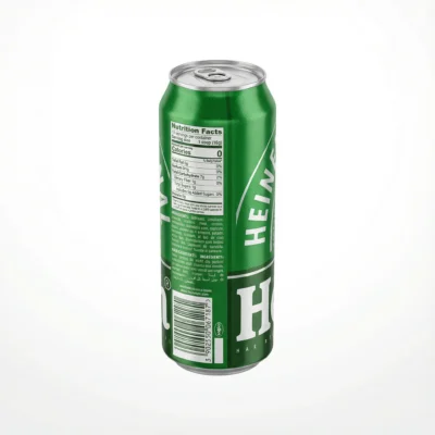 Vue de arrière de la bière en canette Heineken 50 cl en aluminium vert, affichant les informations nutritionnelles et le logo.