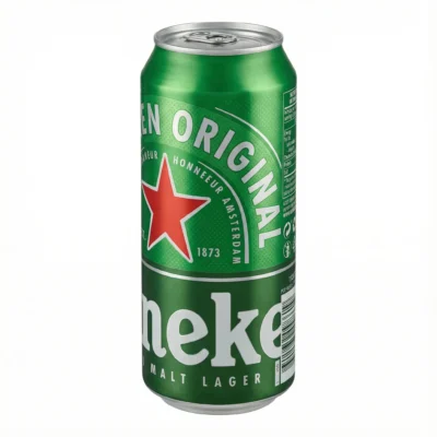 Vue de latérale d'une BIERE EN CANETTE HEINEKEN 50 cl en aluminium vert, avec son étoile rouge et son écriture blanche.