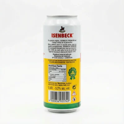 Vue arrière de la bière en canette Isenbeck 50cl, canette alu blanche et jaune montrant les informations nutritionnelles.