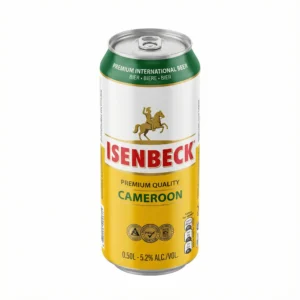 Vue de face de la BIERE EN CANETTE ISENBECK 50CL, un contenant en aluminium tricolore vert, blanc et jaune avec logo cavalier.