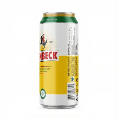 Vue latérale de la BIERE EN CANETTE ISENBECK 50CL, canette en aluminium cylindrique avec des couleurs jaune, blanc et vert.