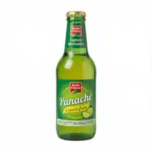 Vue de face de la BIERE PANACHE BELLE FRANCE 25 cl dans sa bouteille en verre vert avec une étiquette verte et capsule dorée.