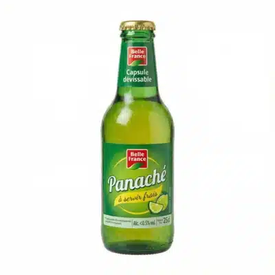 Vue de face de la BIERE PANACHE BELLE FRANCE 25 cl dans sa bouteille en verre vert avec une étiquette verte et capsule dorée.