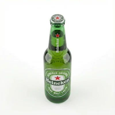 Vue de dessus de la BIERRE EN BOUTEILLE HEINEKEN 33 CL, en verre vert, avec son étiquette et sa capsule sur fond blanc.