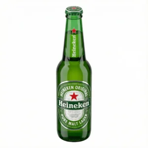 Vue de face de la BIERRE EN BOUTEILLE HEINEKEN 33 CL dans sa bouteille en verre vert avec son étiquette et son étoile rouge.