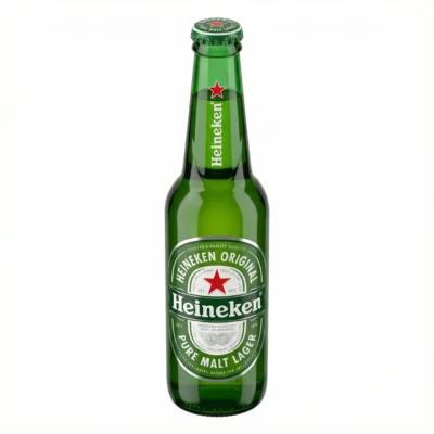 Vue de face de la BIERRE EN BOUTEILLE HEINEKEN 33 CL dans sa bouteille en verre vert avec son étiquette et son étoile rouge.
