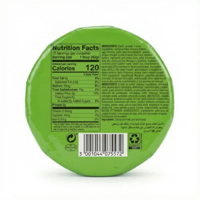 Vue arrière du BLOC DESODORISANT ASSORTIS vert brillant, montrant l'étiquette des informations nutritionnelles et le code-barres.