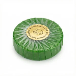 Bloc désodorisant assortis de forme ronde et verte, vue de face, sous un emballage plastique avec une étiquette dorée centrale.