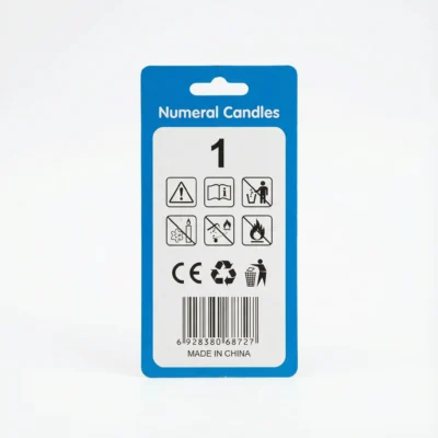 Vue de arrière de la bougie d'anniversaire Happy Birthday 1.2.3... Multi Color dans son emballage en carton bleu et blanc.